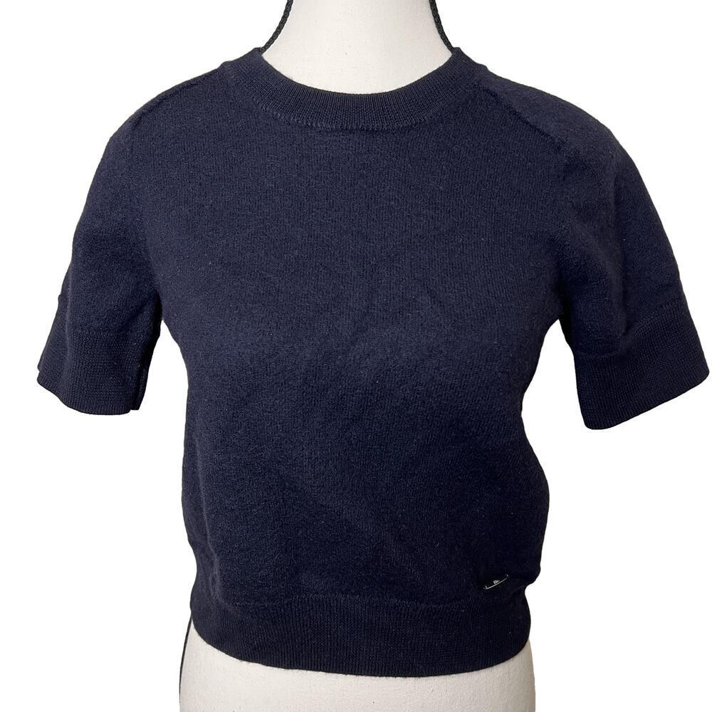 Elie Tahari 100% Merino Wool Short Sleeve Sweater Navy Blue Size L RUNS SMALL